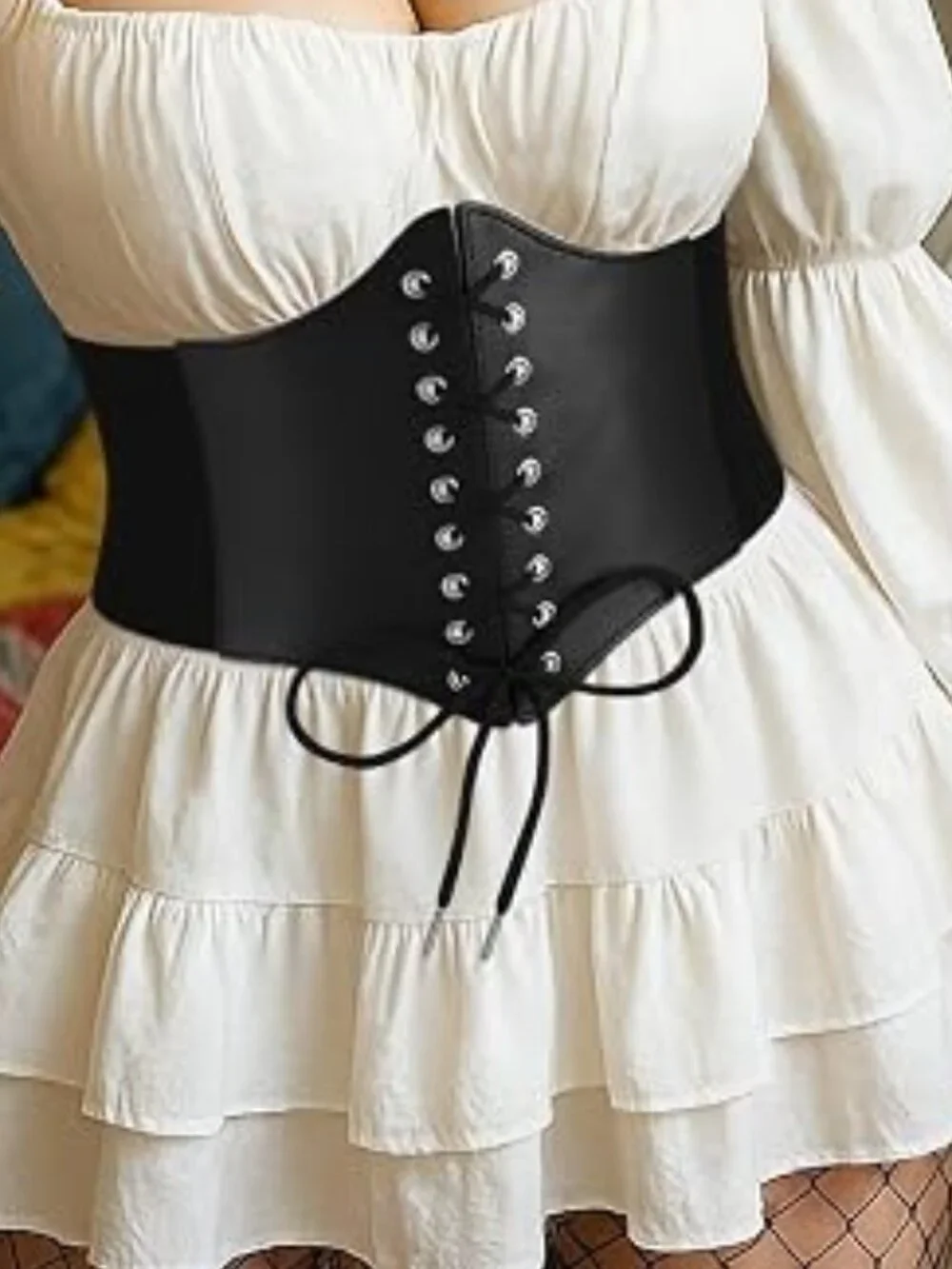 Black Corset Waist Belt for Women, Wide Elastic Tie Waspie Belt for Dresses 4.7i